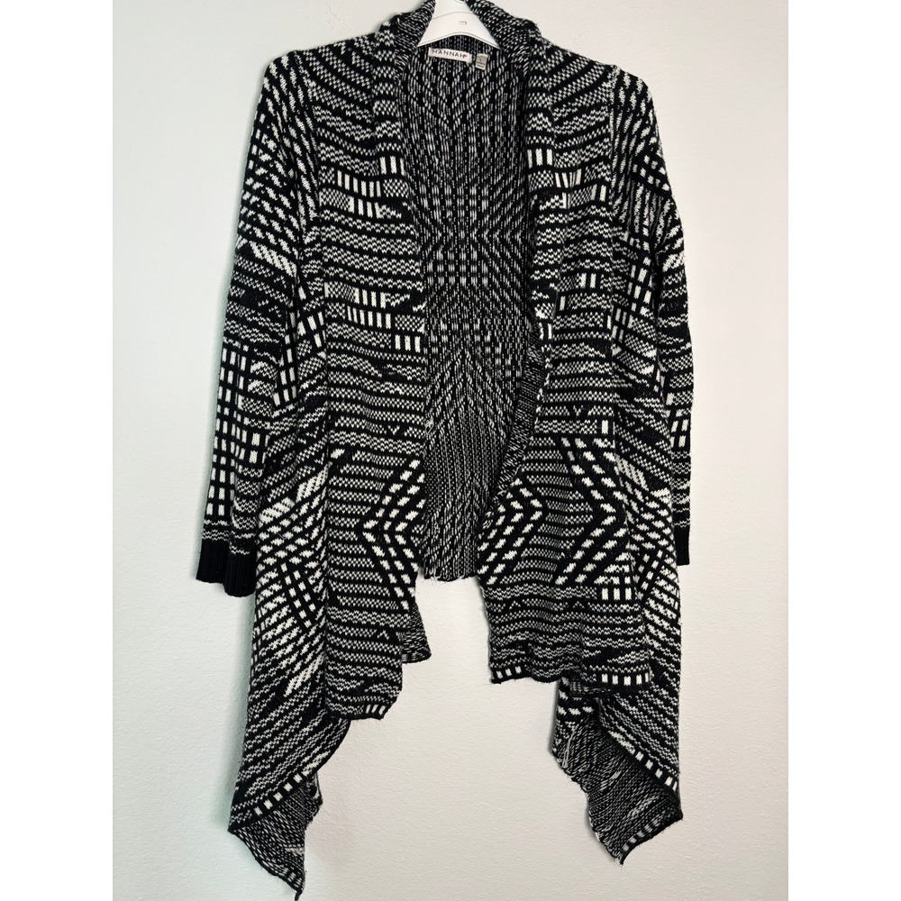 Hannah Womens Black White Geometric Knit Open Front Waterfall Cardigan Sweater L